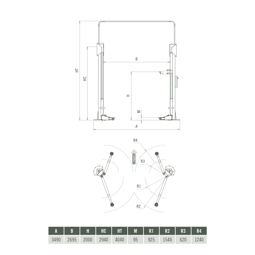 Elevador 2 Columnas Sin Base Asimétrico 3,5 T Sincronización Electrónica – Plano